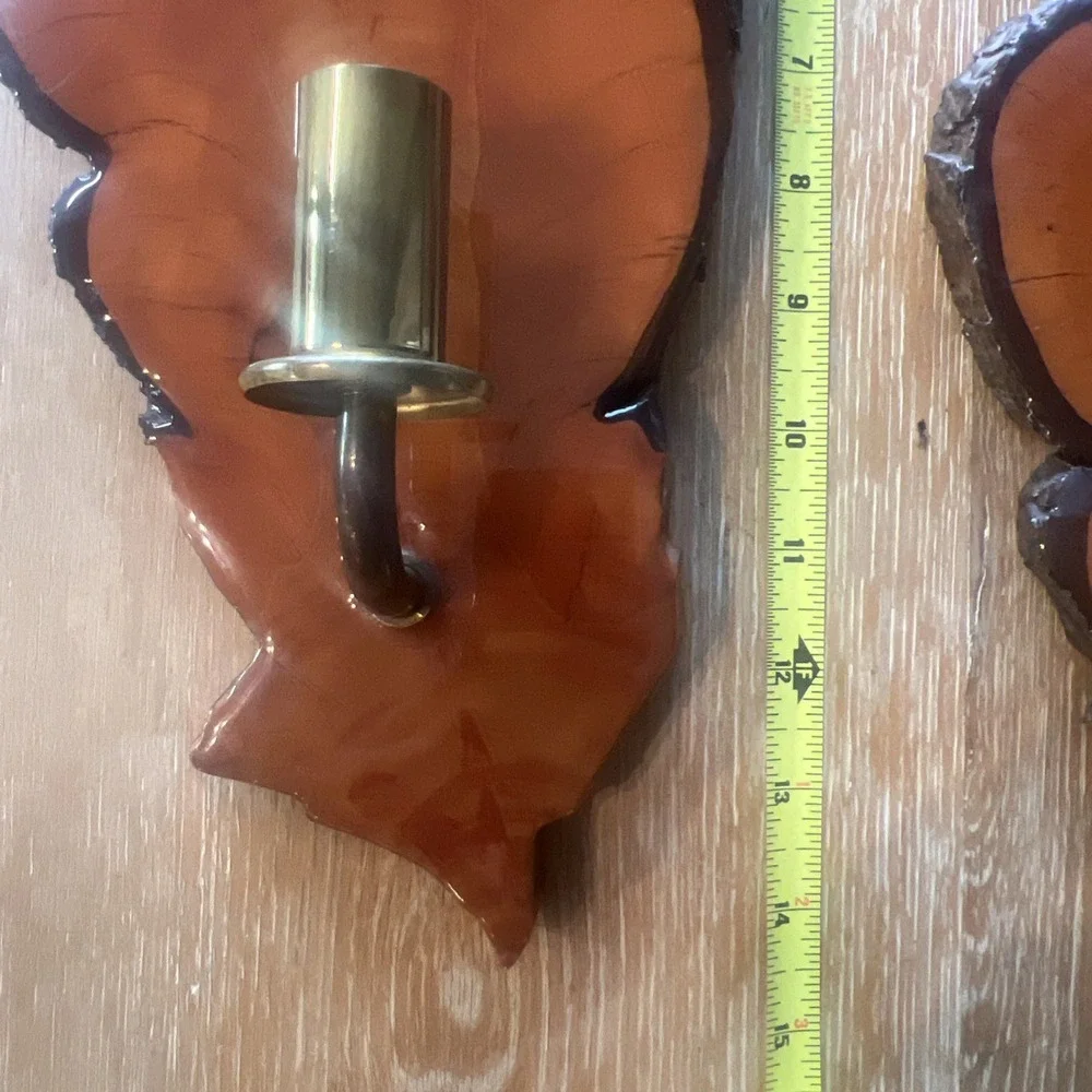 Vintage Rustic‎ Live Edge Wood Slab Epoxy Candle Holder MCM Pair Cabin
